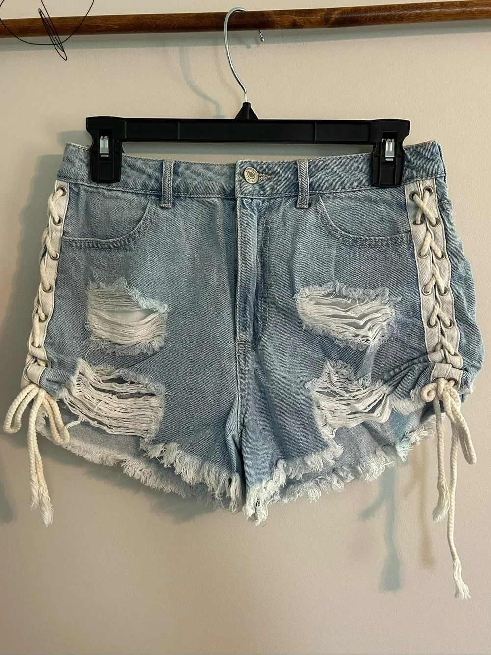 Forever 21 Light Blue Distressed Denim Shorts with Lace-Up Sides